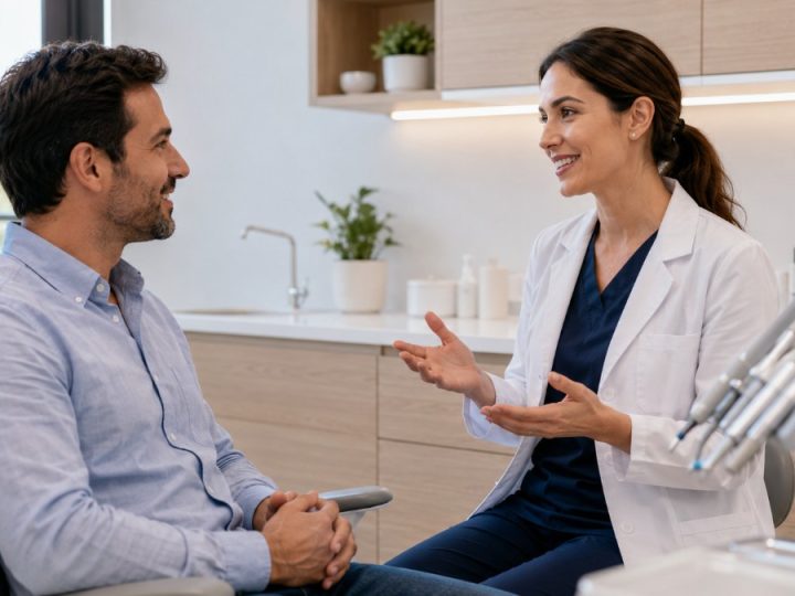 Paciente hablando con una dentista antes de una consulta